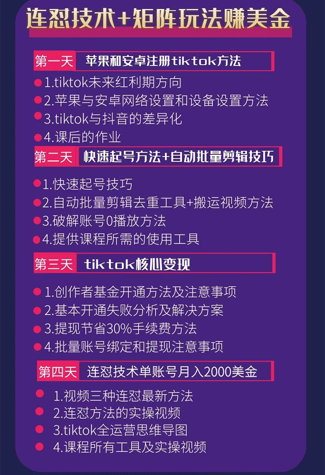 图片[2]-（1708期）tiktok变现四天实战班：连怼技术+矩阵玩法赚,单账号月入2000美金(实操视频)-副业网