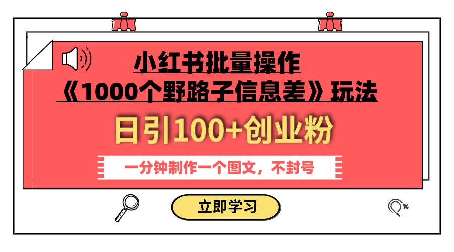 （7676期）小红书批量操作《1000个野路子信息差》玩法 日引100+创业粉 一分钟一个图文-副业网