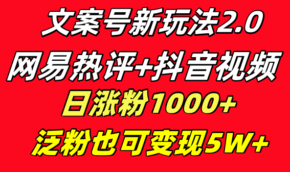 （8484期）文案号新玩法 网易热评+抖音文案 一天涨粉1000+ 多种变现模式 泛粉也可变现-副业库