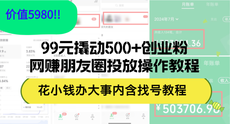 （12431期）99元撬动500+创业粉，网赚朋友圈投放操作教程价值5980！花小钱办大事内…-副业网