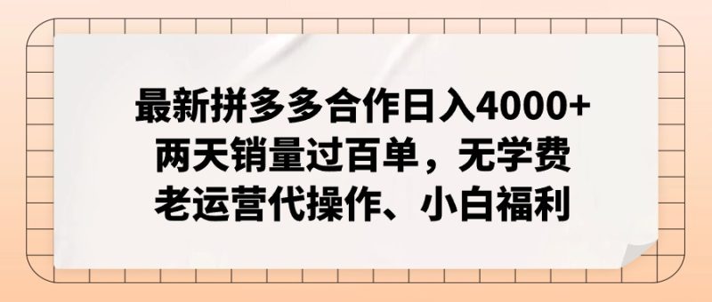（12869期）拼多多最新合作日入4000+两天销量过百单，无学费、老运营代操作、小白福利-副业库