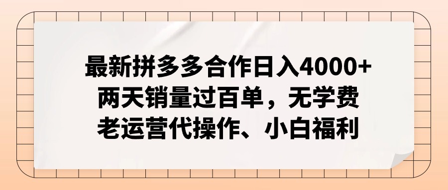（12869期）拼多多最新合作日入4000+两天销量过百单，无学费、老运营代操作、小白福利-副业网