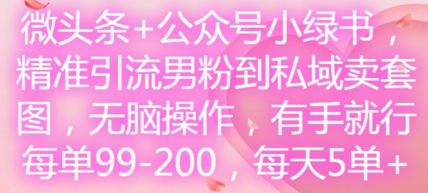 微头条+公众号小绿书，精准引流男粉到私域卖套图，无脑操作，有手就行，每单99-200，每天5单-副业库