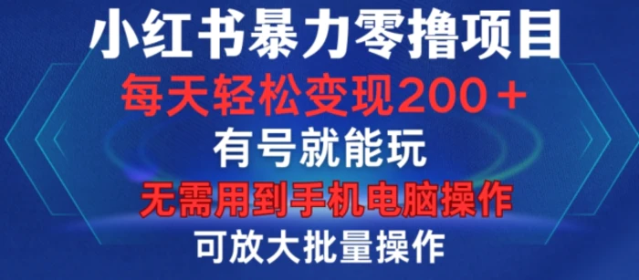 小红书暴力零撸项目，有号就能玩，单号每天变现1到15元，可放大批量操作，无需手机电脑操作【揭秘】-副业网