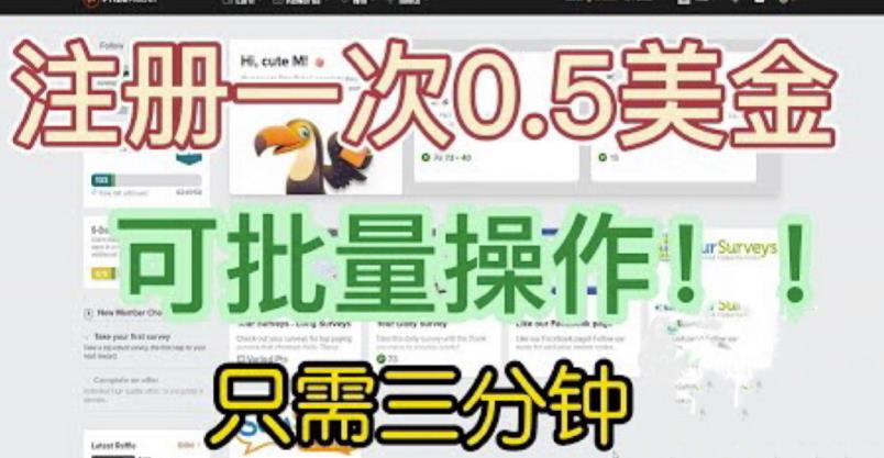 国外项目注册一次0.5美金，只需三分钟无脑操作，可批量同时放大操作，小白工作室福利【揭秘】-副业库