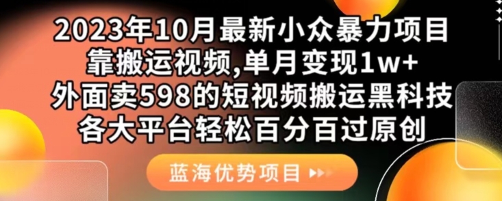 2023年10月最新小众暴力项目，靠搬运视频,单月变现1w+，外面卖598的短视频搬运黑科技，各大平台轻松百分百过原创-副业网