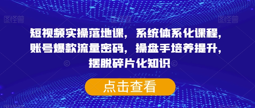 短视频实操落地课，系统体系化课程，账号爆款流量密码，操盘手培养提升，摆脱碎片化知识-副业网