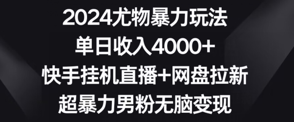 2024尤物暴力玩法，单日收入4000+，快手挂机直播+网盘拉新，超暴力男粉无脑变现-副业库