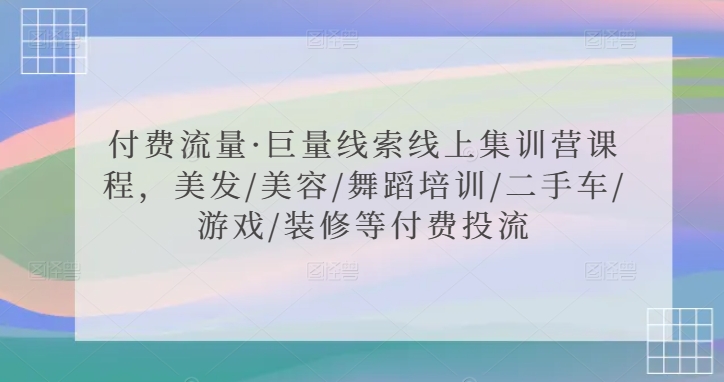 付费流量·巨量线索线上集训营课程，美发/美容/舞蹈培训/二手车/游戏/装修等付费投流-副业网