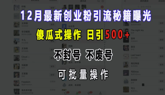 12月最新创业粉引流秘籍曝光 傻瓜式操作 日引500+ 不封号 不废号 可批量操作-副业网