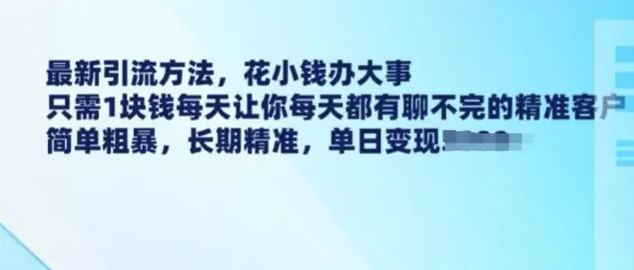 最新引流方法，花小钱办大事，只需1块钱每天让你每天都有聊不完的精准客户 简单粗暴，长期精准-副业网