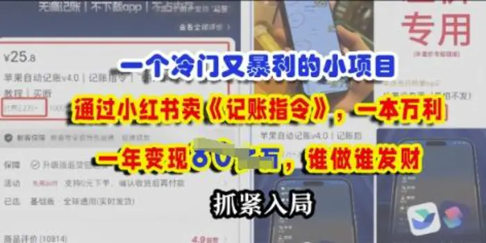 一个冷门需求，通过小红书卖《记账指令》，一本万利，谁做谁发，抓紧入局-副业库