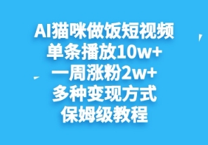 AI猫咪做饭短视频，单条播放10w+，一周涨分2w+，多种变现方式，保姆级教程-副业库