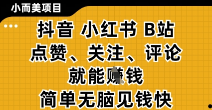 小而美的项目，抖音小红书B站视频点赞、关注、评论就能挣钱，简单无脑立见收益，妥妥的零撸项目-副业库