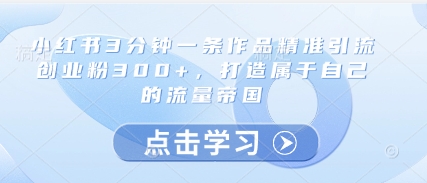 小红书3分钟一条作品精准引流创业粉300+，打造属于自己的流量帝国-副业库