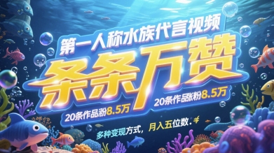 第一人称水族代言视频，条条万赞，20条作品涨粉7.8W，多种变现方式月入五位数-副业网