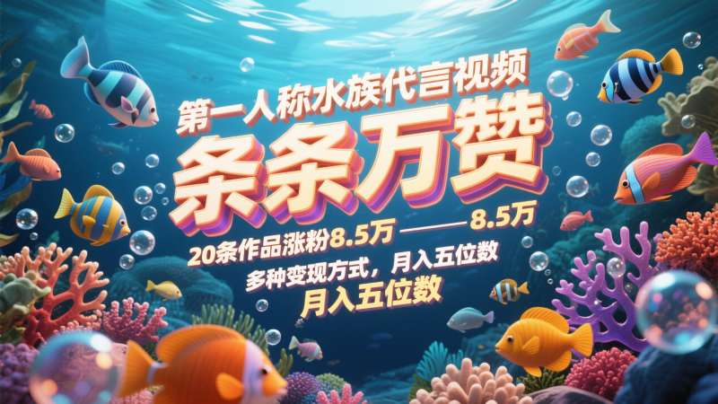 第一人称水族代言视频，条条万赞，20条作品涨粉8.5万，多种变现方式月，入五位数-副业网