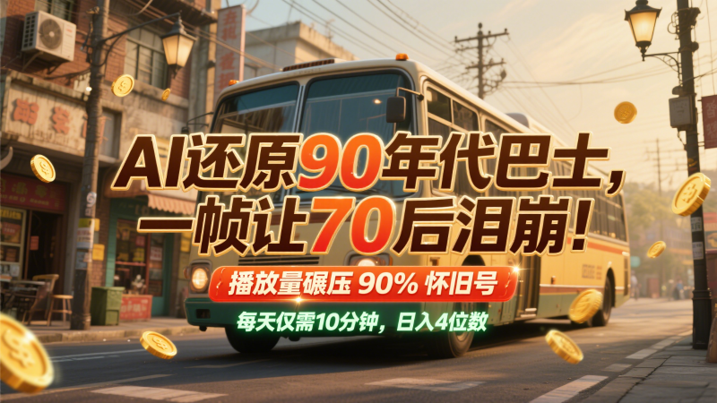 AI还原90年代巴士，一帧让70后泪崩！播放量碾压90%怀旧号，每天10分钟，日入4位数-副业库
