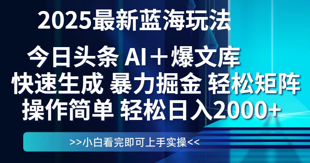 今日头条2025最新蓝海玩法，思路简单，复制粘贴，轻松实现矩阵日入2000+-副业网