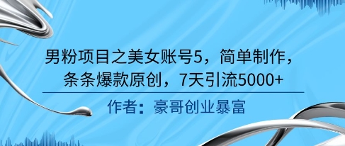 男粉项目之美女账号5，简单制作，条条爆款原创，7天引流5000+-副业网