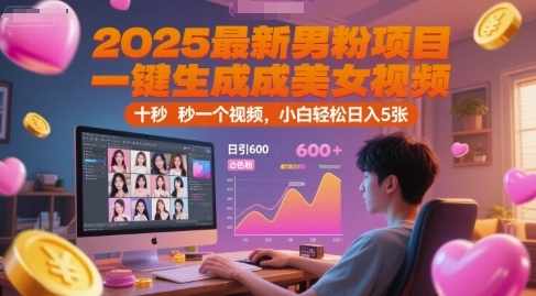 2025最新男粉项目，一键生成美女视频，日引600+色粉 十秒一个视频，小白轻松日入5张【揭秘】-副业网