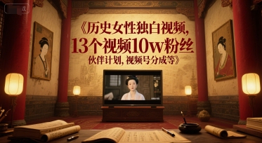 历史女性独白视频，13个视频10w粉丝，伙伴计划，视频号分成等-副业网