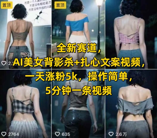 全新赛道，AI美女背影杀+扎心文案视频，一天涨粉5k，操作简单，5分钟一条视频-副业网