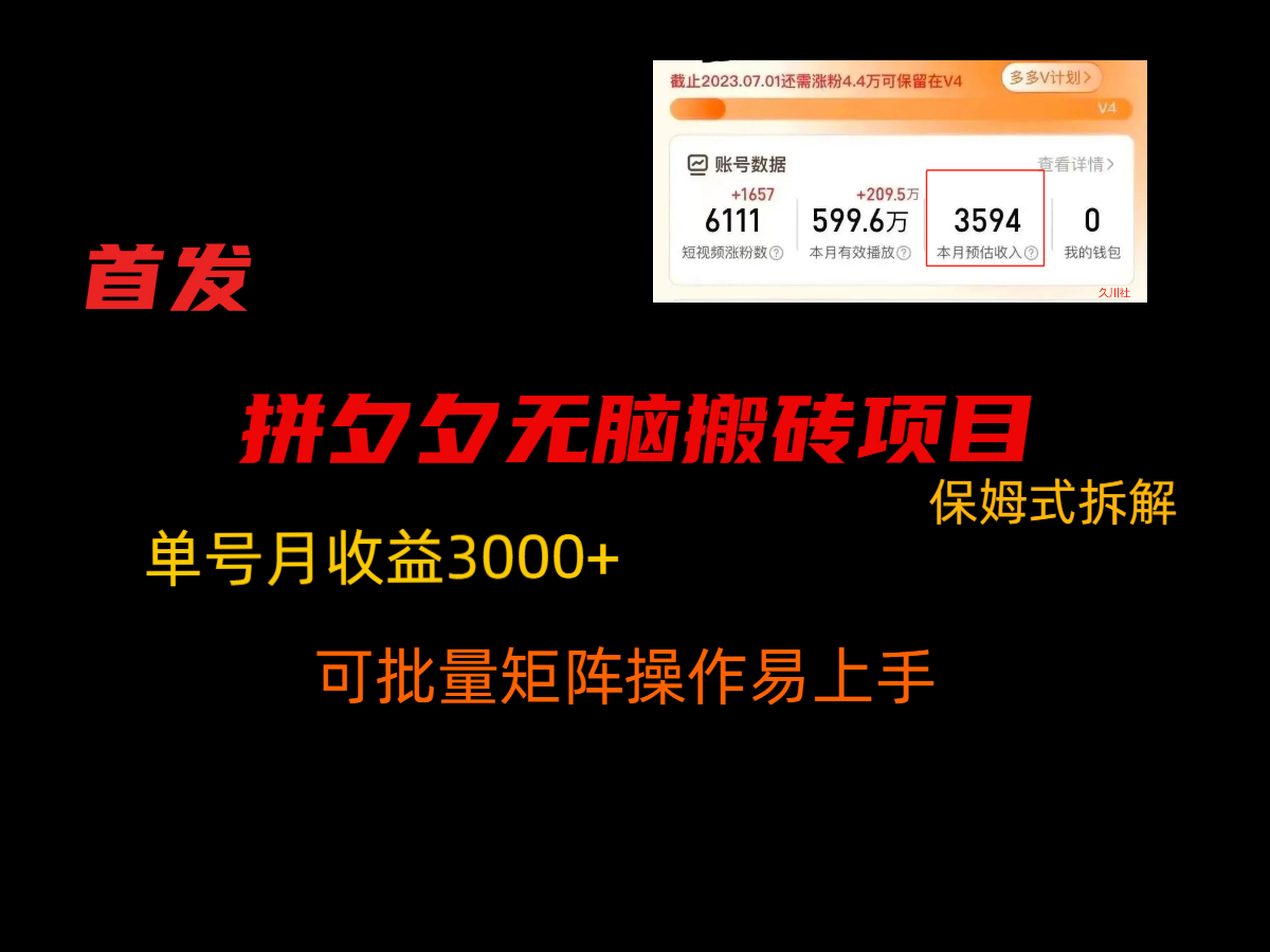 拼夕夕无脑搬砖，单号稳定收益3000+，保姆式拆解-副业网