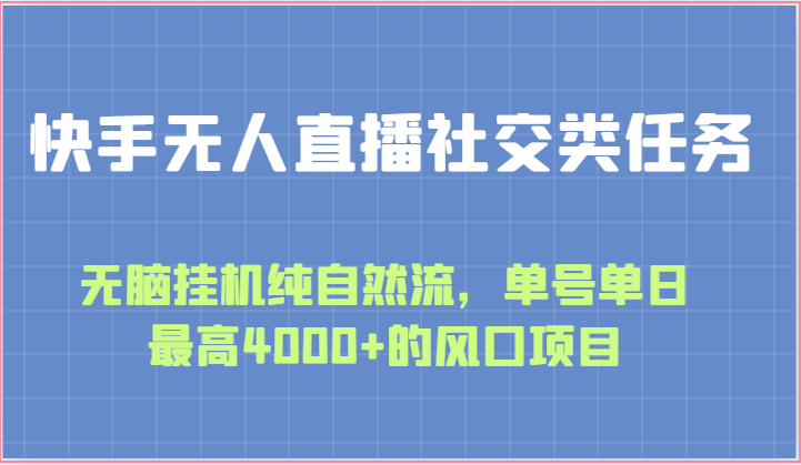 快手无人直播社交类任务：无脑挂机纯自然流，单号单日最高4000+的风口项目-副业网