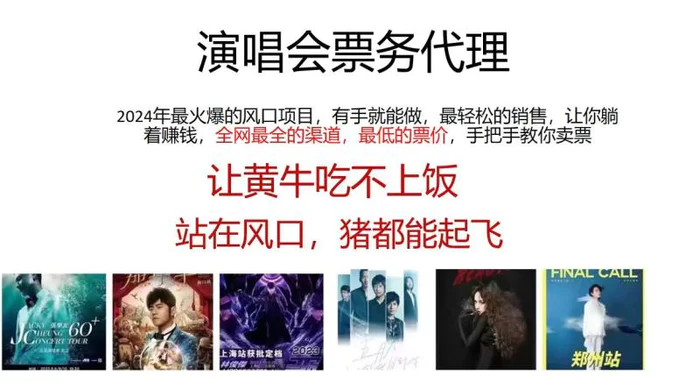 演唱会票务代理，2024年最火爆风口项目，全网最低的票价，小白一分钟上手日入2000+-副业网