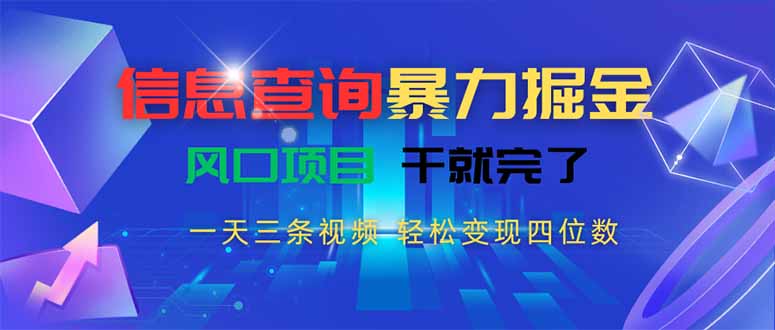 信息查询暴力掘金，一天三条视频 轻松变现四位数，风口项目干就完了-副业库
