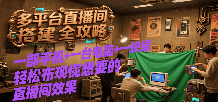 多平台直播间搭建全攻略，一部手机+一台电脑+一块绿布轻松实现你想要的直播间效果-副业网