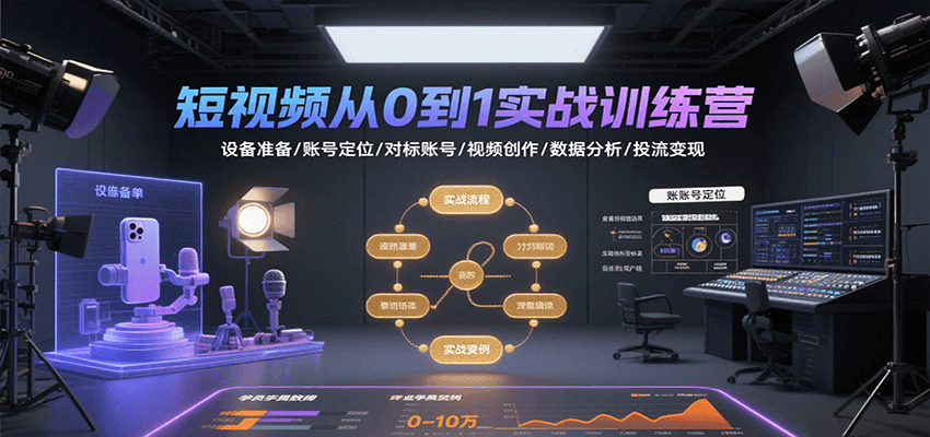 短视频从0到1实战训练营：设备准备/账号定位/对标账号/视频创作/数据分析/投流变现-副业库