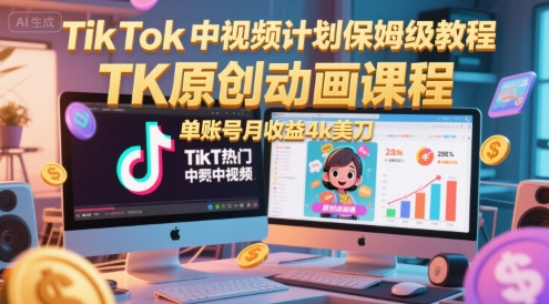 TikTok中视频计划保姆级教程，TK原创动画课程，单账号月收益4k美刀-副业库