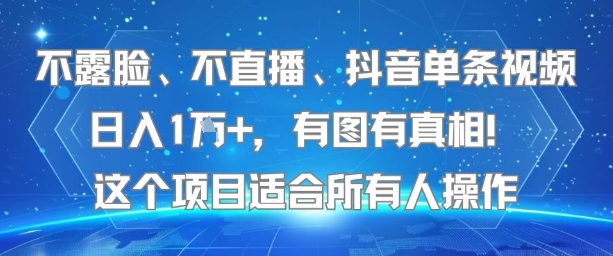 不露脸、不直播、抖音单条视频日入1W+，有图有真相！这个项目适合所有人操作-副业网