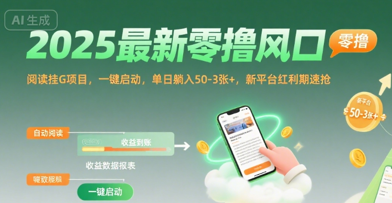 2025最新零撸风口，阅读挂G项目，一键启动，单日躺入 50-3张+，新平台红利期速抢【揭秘】-副业库