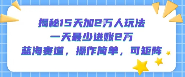 揭秘15天加2W人玩法，一天最少2万进账，蓝海赛道，操作简单，可矩阵-副业网