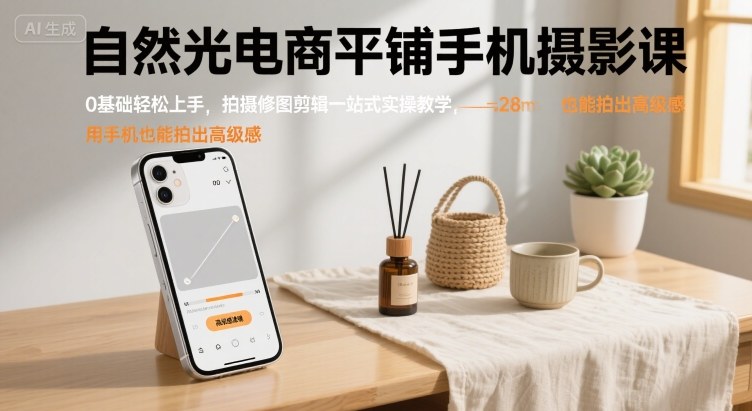 自然光电商平铺手机摄影课，0基础轻松上手，拍摄修图剪辑一站式实操教学，用手机也能拍出高级感-副业网