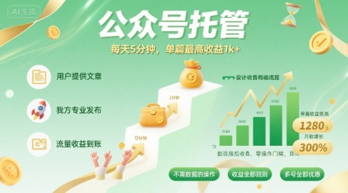 【公众号托管 】我提供文章，你发布，每天5分钟，单篇最高收益1k+【揭秘】-副业网