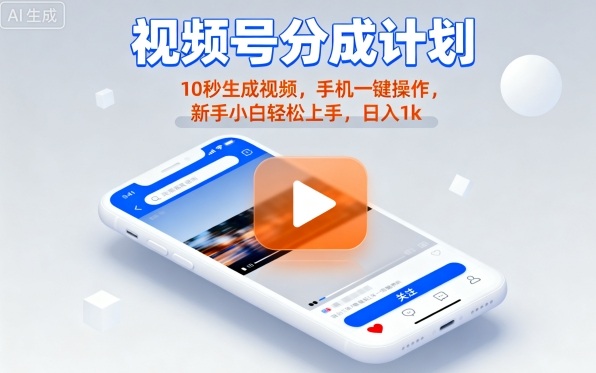 视频号分成计划懒人玩法，10秒生成视频，手机一键操作，新手小白轻松上手，日入1K【揭秘】-副业网