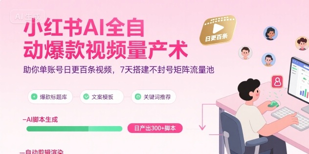 小红书AI全自动爆款视频量产术，助你单账号日更百条视频，7天搭建不封号矩阵流量池(更新9月)-副业网