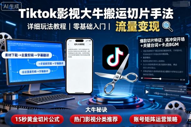 Tiktok影视大牛搬运切片手法，详细玩法教程-副业网