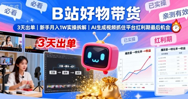 B站好物带货，3天出单，新手月入1W实操拆解，AI生成视频，抓住平台红利期最后机会-副业网