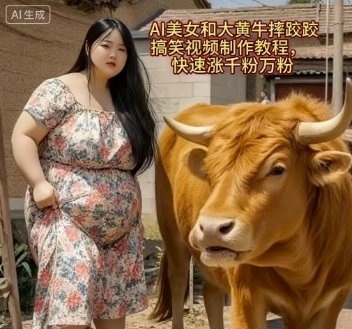 AI美女和大黄牛摔跤搞笑荒诞视频制作教程，快速涨千粉万粉-副业网