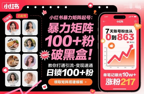 小红书暴力矩阵起号，教你打通引流-变现速通，日锁100+粉，破流量黑盒-副业网