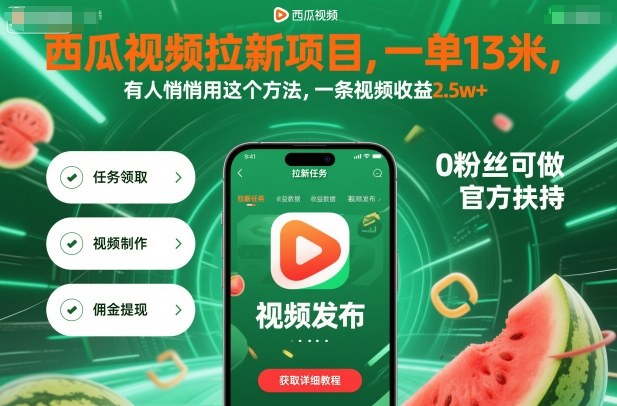 西瓜视频拉新项目，一单13米，有人悄悄用这个方法，一条视频收益2.5w+(附详细教程)-副业网