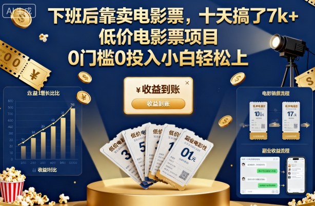 下班后靠卖电影票，十天搞了7k+，低价电影票项目，0门槛0投入小白轻松上手【揭秘】-副业网
