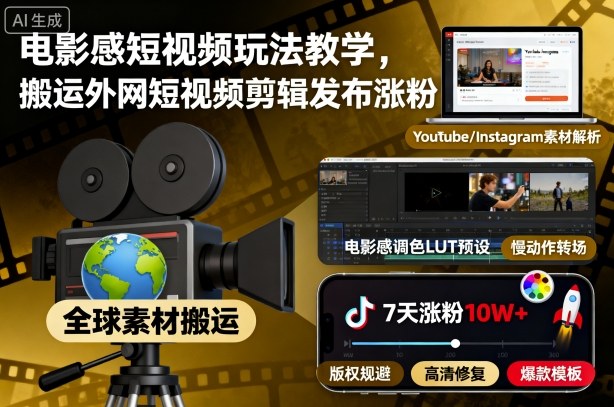 电影感短视频玩法教学，搬运外网短视频剪辑发布涨粉-副业网