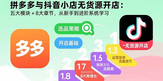 拼多多与抖音小店无货源开店：五大模块+8大章节，从新手到进阶系统学习-副业网