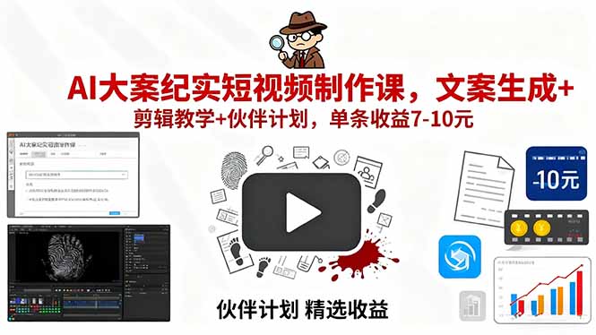 AI大案纪实短视频制作课，文案生成+剪辑教学+伙伴计划，单条收益7-10元-副业网